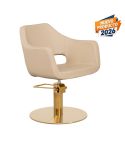 Sillón corte de peluquería linea curva con base redonda dorada Modelo Whim RG Beige