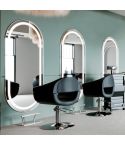 Tocador de Peluquería ovalado estilo Moderno con espejo LED y marco plateado Modelo LOOP CP