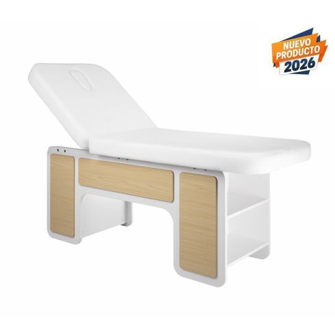 Camilla de masaje fija Spa de 2 cuerpos con estantes de madera Modelo Indus White Oak
