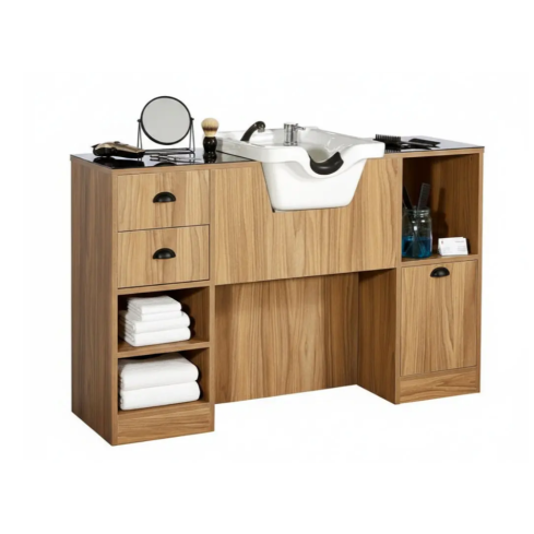 Tocador de Barbería Vintage con Encimera y Lavacabezas color blanco Modelo OKE 4 BR