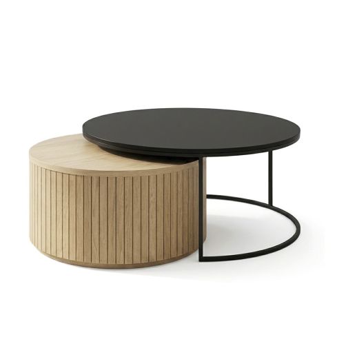 Conjunto mesas de centro nido redondas metálica negra y alistonada Oak Modelo Coffee 100-80