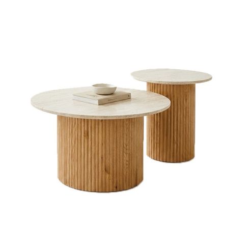 Conjunto Mesas de centro redondas con pata central en palillería Oak y tablero Travertino Modelo Meryl 80-60 cm