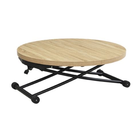 Mesa de centro redonda elevable y extensible negra con patas metálicas y tablero Oak Modelo Gaga 100