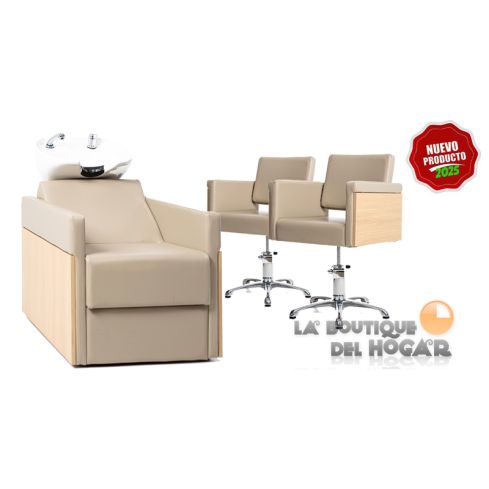 Pack - 1 Lavacabezas Con Pica Blanca Rustik + 2 Sillones De Corte Rustik en madera y polipiel - Color Beige