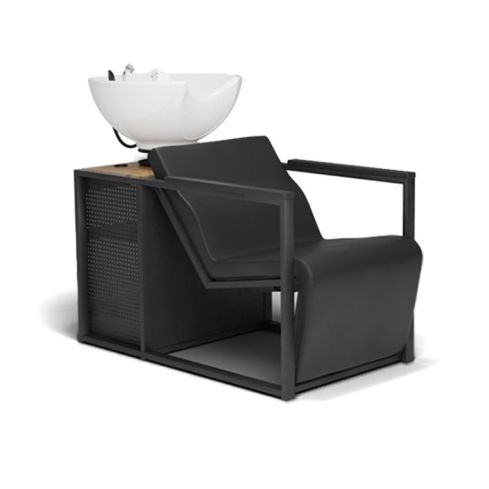 Lavacabezas de madera y metal con pica blanca, reposabrazos negros y espacio de almacenaje Modelo Basil B-W-U Negro