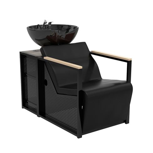 Lavacabezas de madera y metal con pica negra y Reposapiés eléctrico Modelo E-Basil B-B Negro