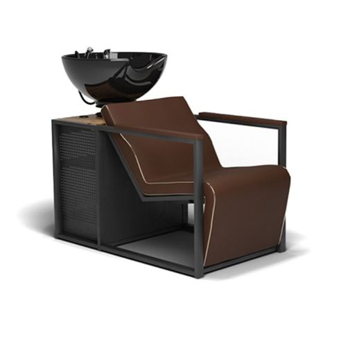 Lavacabezas de madera y metal con pica negra, reposabrazos marrones y espacio de almacenaje Modelo Basil BR-B-U Marrón
