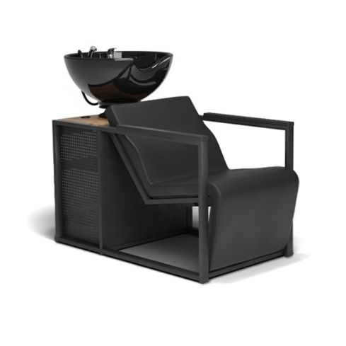 Lavacabezas de madera y metal con pica negra, reposabrazos negros y espacio de almacenaje Modelo Basil B-B-U Negro