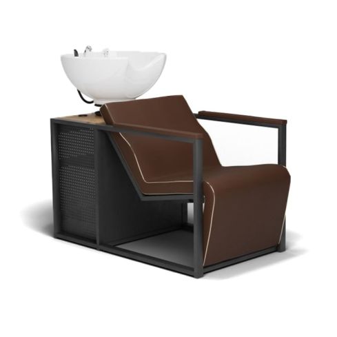 Lavacabezas de madera y metal con pica blanca, reposabrazos marrones y espacio de almacenaje Modelo Basil BR-W-U Marrón