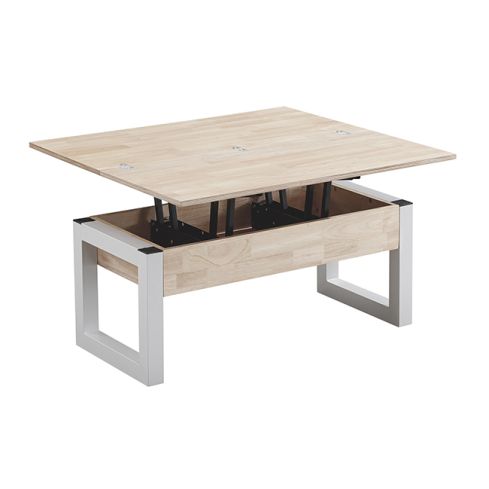 Mesa de centro elevable y extensible blanca con patas metálicas y tablero Roble Nordish Modelo Loft Advance 120x60cm