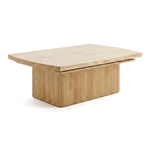 Mesa de centro motorizada elevable y extensible con pata central en palillería y tablero Roble Nordish Modelo Michelle 120x80