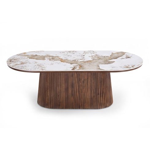Mesa de centro oval con pata central en palillería cónica Nogal y tablero Ceramic Modelo Angelina 140