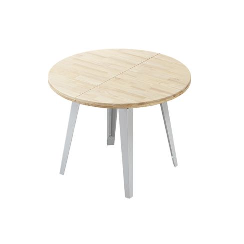 Mesa de comedor Redonda extensible blanca con patas metálicas y tablero de Roble Nordish Modelo Berg-E 100