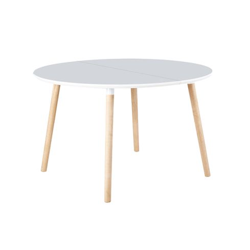 Mesa de comedor redonda extensible con patas de madera y tablero DM Blanco Modelo Nordika 100