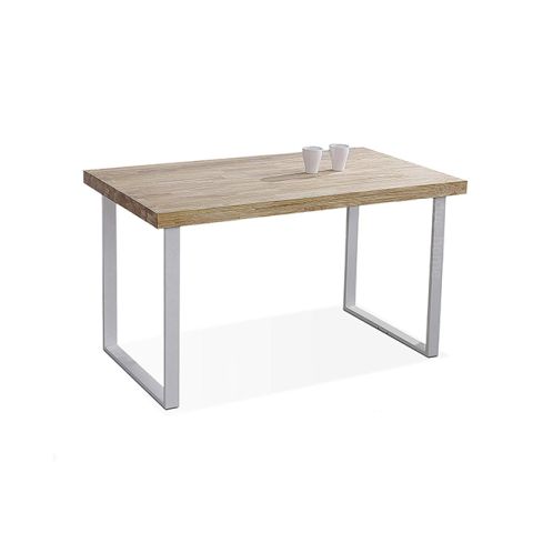 Mesa de comedor fija blanca con patas metálicas y tablero de Roble Modelo Natural