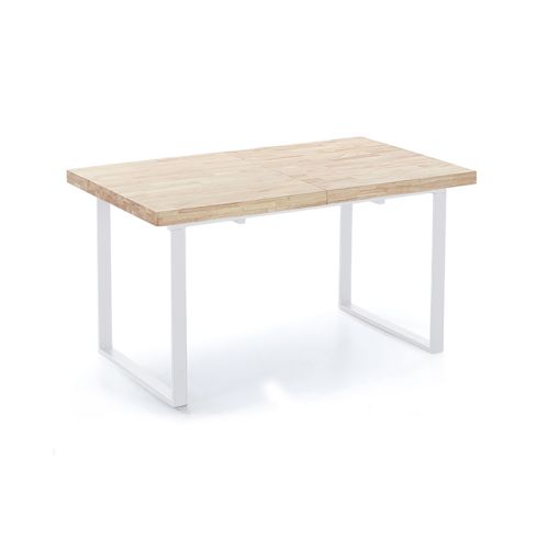 Mesa de comedor extensible blanca con patas metálicas y tablero de Roble Modelo Natural