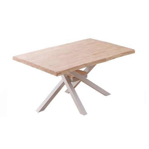 Mesa de comedor fija blanca con patas metálicas y tablero de Roble Nordish con forma Xena 150