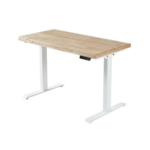 Mesa de estudio / despacho Motorizada blanca con patas metálicas y tablero de Roble Nordish Modelo Stand 140x70