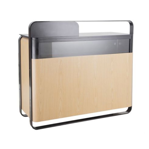 Mueble Mostrador de recepción con vitrina LED, cajones y estantes Modelo Erin