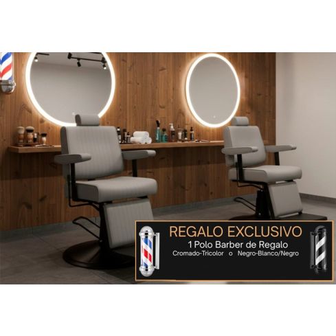 Pack - 2 Sillones Barbero Modelo Cut Black Gris + Poste giratorio para Barbería a elegir de REGALO
