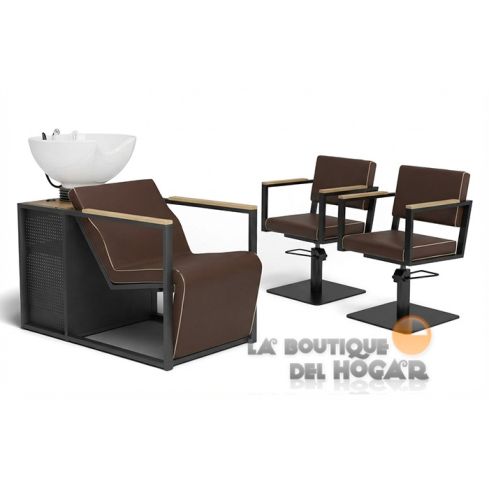 Pack - 1 Lavacabezas Con Pica a elegir Basil BR Marrón + 2 Sillones De Corte Ocean BR Marrón - Reposabrazos Madera