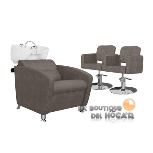 Pack - 1 Lavacabezas Con Pica a elegir Cubo Basic + 2 Sillones De Corte Odry Marrón Grisáceo
