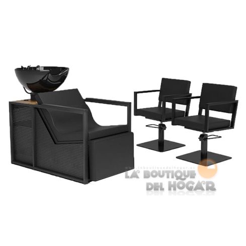 Pack - 1 Lavacabezas Con Pica a elegir y Reposapiés eléctrico E-Basil B Negro + 2 Sillones De Corte Ocean B Negros