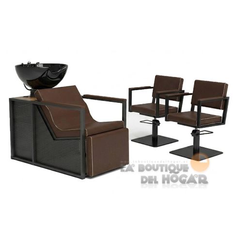 Pack - 1 Lavacabezas Con Pica a elegir y Reposapiés eléctrico E-Basil BR Marrón + 2 Sillones De Corte Ocean BR Marrón