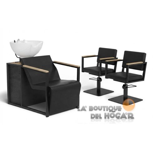 Pack - 1 Lavacabezas Con Pica a elegir Basil B Negro + 2 Sillones De Corte Ocean B Negros - Reposabrazos Madera
