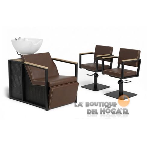 Pack - 1 Lavacabezas Con Pica a elegir y Reposapiés eléctrico E-Basil B Marrón + 2 Sillones De Corte Ocean B Marrón - Reposabrazos Madera