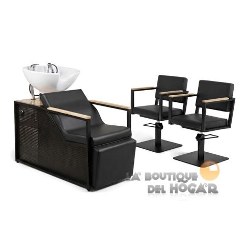 Pack - 1 Lavacabezas Con Pica a elegir y Reposapiés eléctrico E-Basil B Negro + 2 Sillones De Corte Ocean B Negros - Reposabrazos Madera
