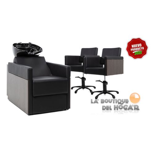 Pack - 1 Lavacabezas Con Pica Negra Rustik + 2 Sillones De Corte Rustik en madera y polipiel - Color Negro