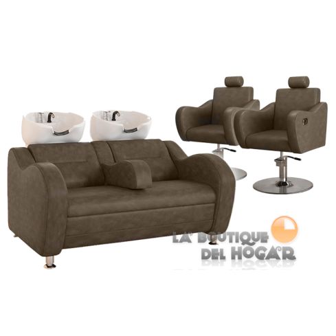 Pack - 1 Lavacabezas Con Pica Blanca Onda Doble Negro + 2 Sillones De Corte Gala Marrón Grisáceo