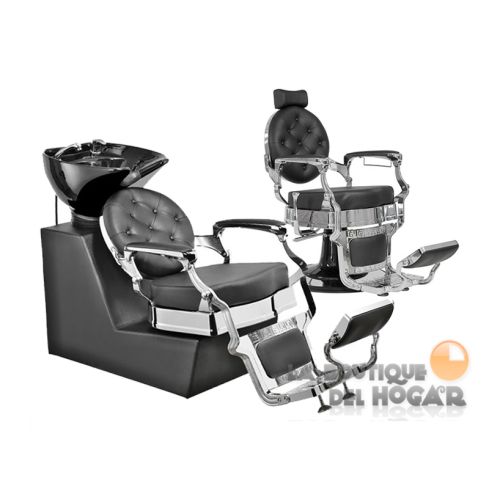 Pack - Lavacabezas estilo Retro Vintage Modelo Ranch Silver / Sillón Clásico de Barbero Modelo Buzz Silver Black