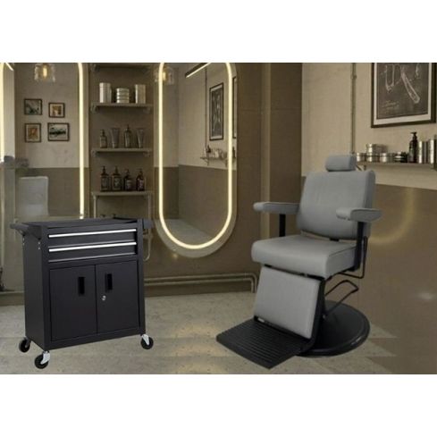 Pack - Sillón Barbero Cut Black Gris / Tocador LED Kobe / Carrito Tool Barber