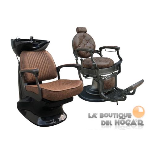 Pack - Lavacabezas con reposabrazos y pica negra / Sillón de Barbero Vintage Modelo Stafford Marrón