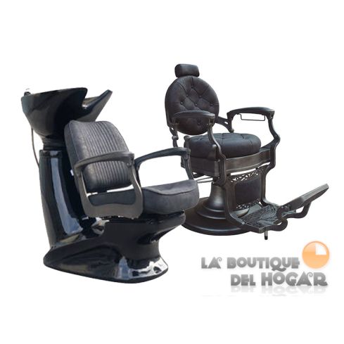 Pack - Lavacabezas con reposabrazos y pica negra / Sillón de Barbero Vintage Modelo Stafford Negro