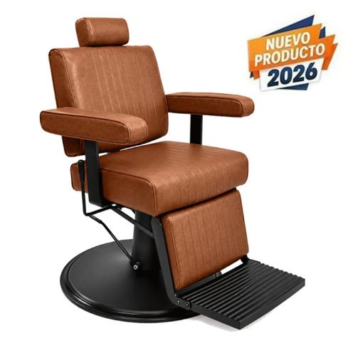 Sillón Barbero hidráulico reclinable y giratorio con reposabrazos Modelo Cut Black - Color Marrón Toscano