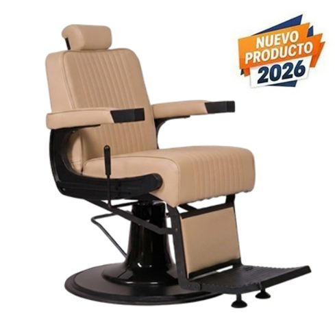 Sillón Barbero hidráulico reclinable y giratorio con reposabrazos Modelo Dour 2.0 Beige Weelko