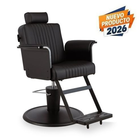 Sillón de Barbero reclinable con base redonda negra, reposapiés y reposabrazos negros Modelo Duk B-B