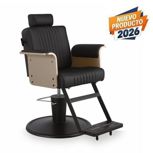 Sillón de Barbero reclinable con base redonda negra, reposapiés y reposabrazos beige Modelo Duk B-BE