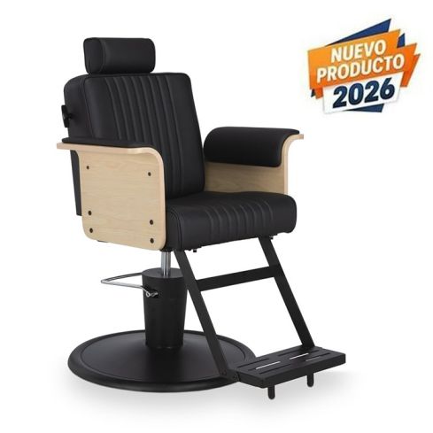 Sillón de Barbero reclinable con base redonda negra, reposapiés y reposabrazos madera Modelo Duk B-WO