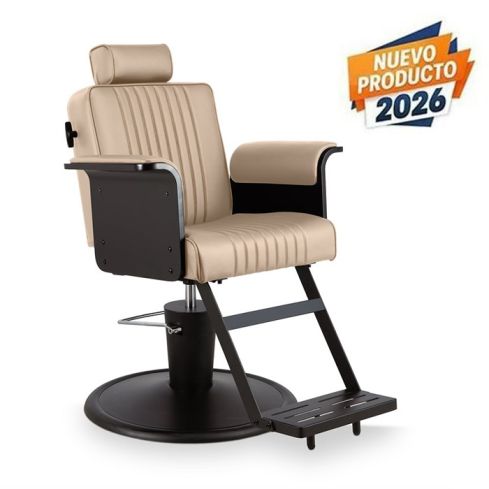 Sillón de Barbero reclinable con base redonda negra, reposapiés y reposabrazos negros Modelo Duk BE-B Beige