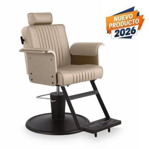 Sillón de Barbero reclinable con base redonda negra, reposapiés y reposabrazos beige Modelo Duk BE-BE Beige