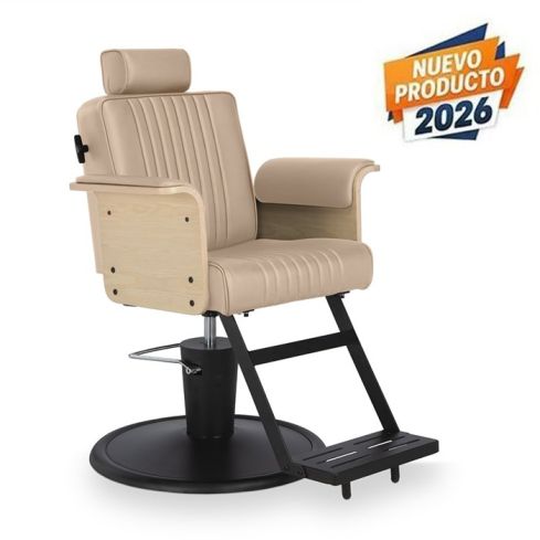 Sillón de Barbero reclinable con base redonda negra, reposapiés y reposabrazos madera Modelo Duk BE-WO Beige