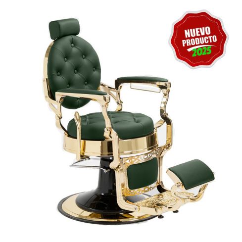 Sillón Clásico de Barbero hidráulico estilo Vintage con reposapies integrado Modelo LBH Mack Gold Verde