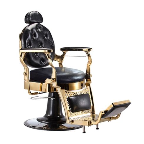Sillón Clásico de Barbero hidráulico estilo Vintage con reposapies integrado Modelo Ancest Oro - Asiento liso