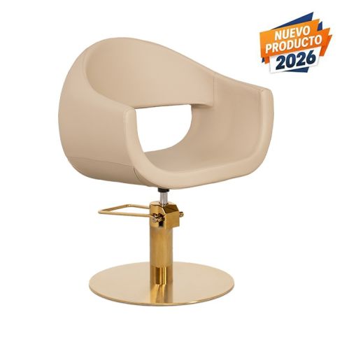 Sillón hidráulico de corte de linea curva con base cromada dorada Modelo Glam Beige - Mudi
