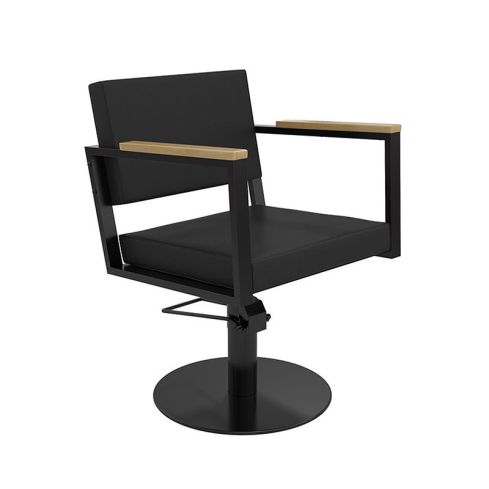 Sillón hidráulico de corte Vintage con base redonda negra y reposabrazos madera Modelo Ocean B-BR