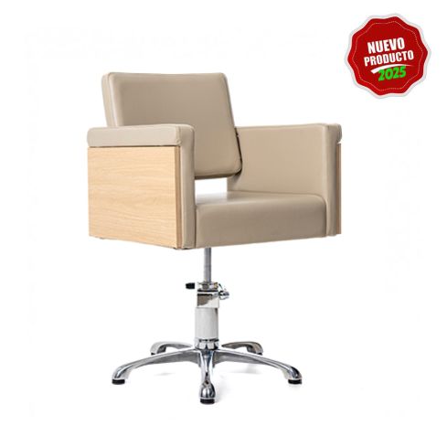Sillón hidráulico de corte con base de estrella en madera y polipiel Modelo Rustik Beige